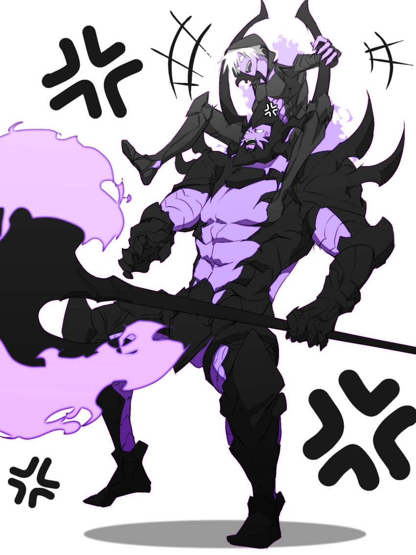 1boy, 1other, abs, anger_vein, armor, axe, battle_axe, character_request