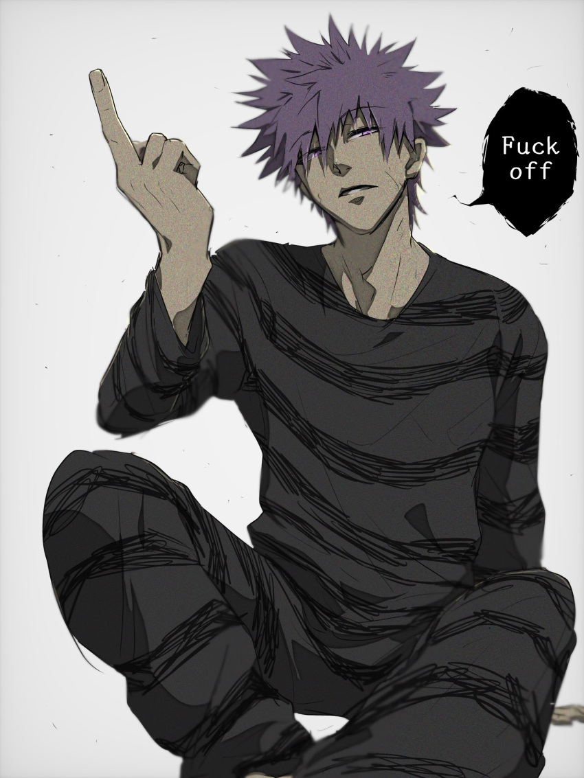 1boy, hair_between_eyes, highres, index_finger_raised, kang_tae-shik, kusatten_nbo, long_sleeves, prison_clothes