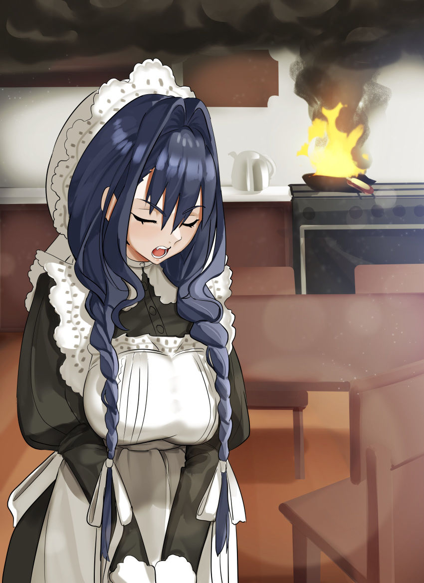 1girl, absurdres, apron, black_dress, black_hair, braid, chair, closed_eyes