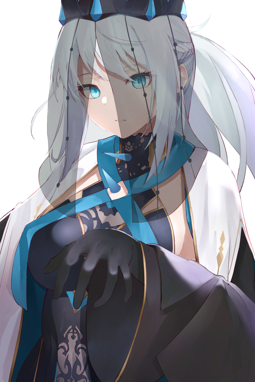 1girl, absurdres, black_dress, black_gloves, blue_eyes, crown, dress, fate/grand_order
