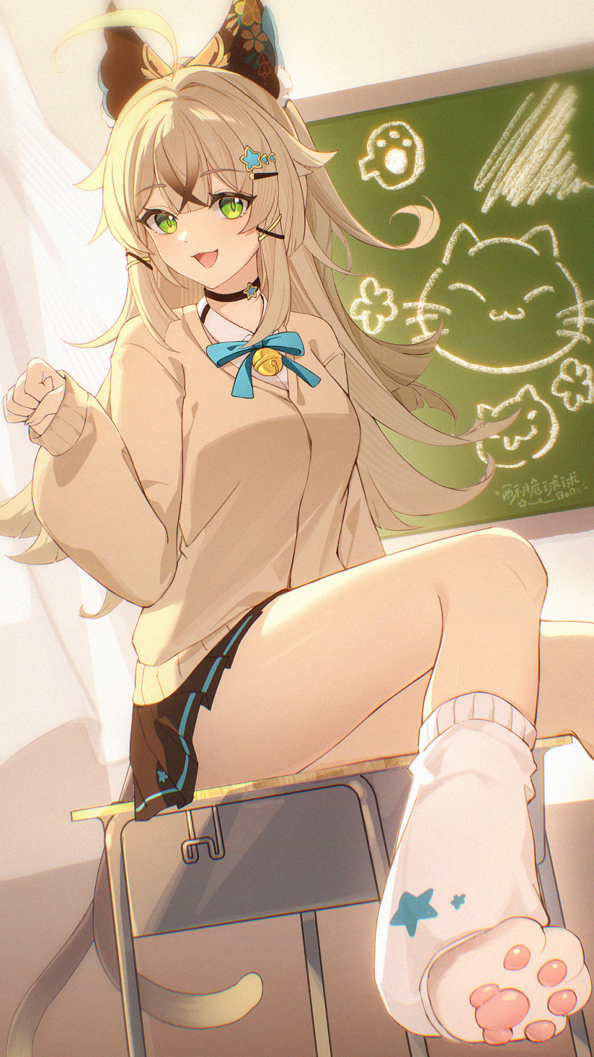 1girl, black_skirt, blonde_hair, breasts, chalkboard, classroom, desk, genshin_impact