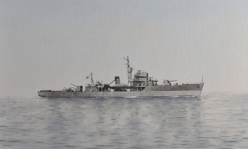 acrylic_paint_(medium), atelier_bono, blue_sky, cannon, clouds, cloudy_sky, flag, gunboat, highres, imperial_japanese_navy, kaiboukan_no.2, mast, no_humans, ocean, original, painting_(medium), ship_turret, sky, smokestack, traditional_media, vehicle_focus, watercraft, weapon