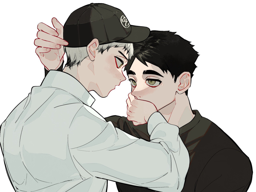 2boys, arm_up, baseball_cap, black_hair, black_hat, black_shirt, brown_eyes, coco_(238243)