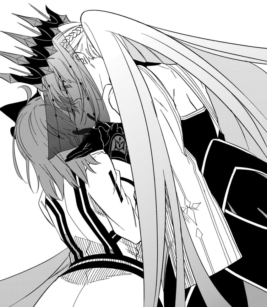 2girls, black_dress, black_gloves, crown, dress, fate/grand_order, fate_(series), fujimaru_ritsuka_(female)
