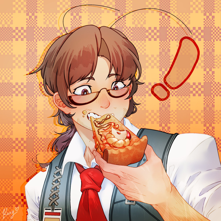 !, 1boy, antennae, black_vest, blush, brown_eyes, brown_hair, chinese_commentary, collared_shirt, eating, facial_hair, food, food_on_face, glasses, gregor_(project_moon), highres, holding, holding_food, kanykuku0701, limbus_company, long_hair, long_sleeves, looking_at_food, low_ponytail, male_focus, multiple_boys, necktie, pie, pie_slice, ponytail, project_moon, red_necktie, semi-rimless_eyewear, shirt, simple_background, smile, solo, stubble, vest, white_shirt