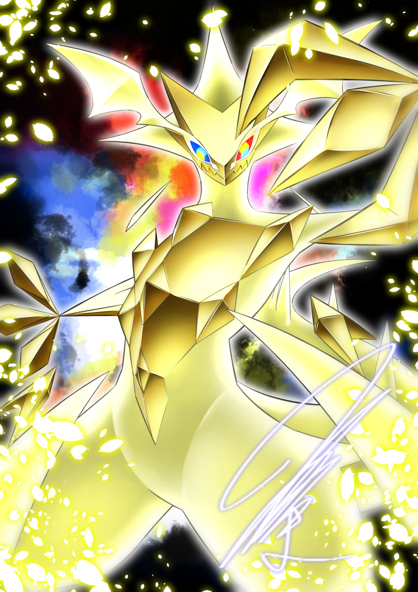 absurdres, aura, black_background, blue_eyes, colored_skin, dynamic_pose, falling_petals, floating, glowing, gold_petals, groin, heterochromia, highres, light_particles, looking_at_viewer, mitsukuma448, multicolored_eyes, nebula, necrozma, necrozma_(ultra), no_humans, petals, pokemon, pokemon_(creature), red_eyes, signature, solo, tail, thick_thighs, thighs, yellow_skin