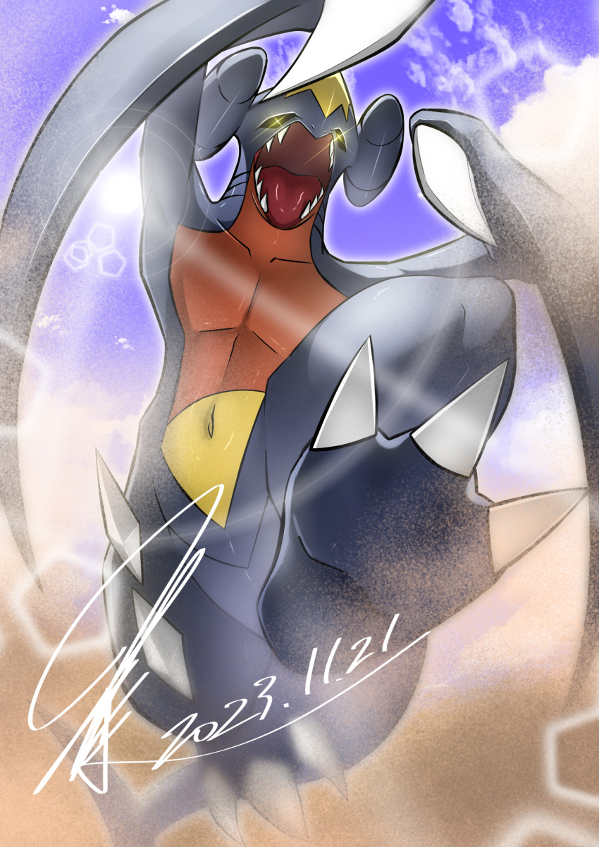 animal_feet, aura, blue_skin, blue_sky, colored_skin, desert, dragon, dynamic_pose