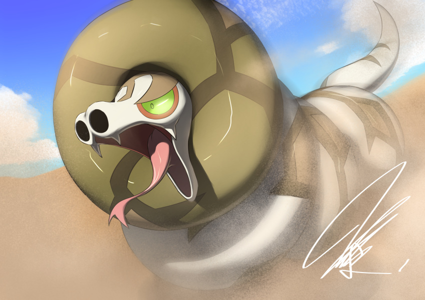 1other, anaconda, blue_sky, clouds, coiled, colored_sclera, desert, fangs