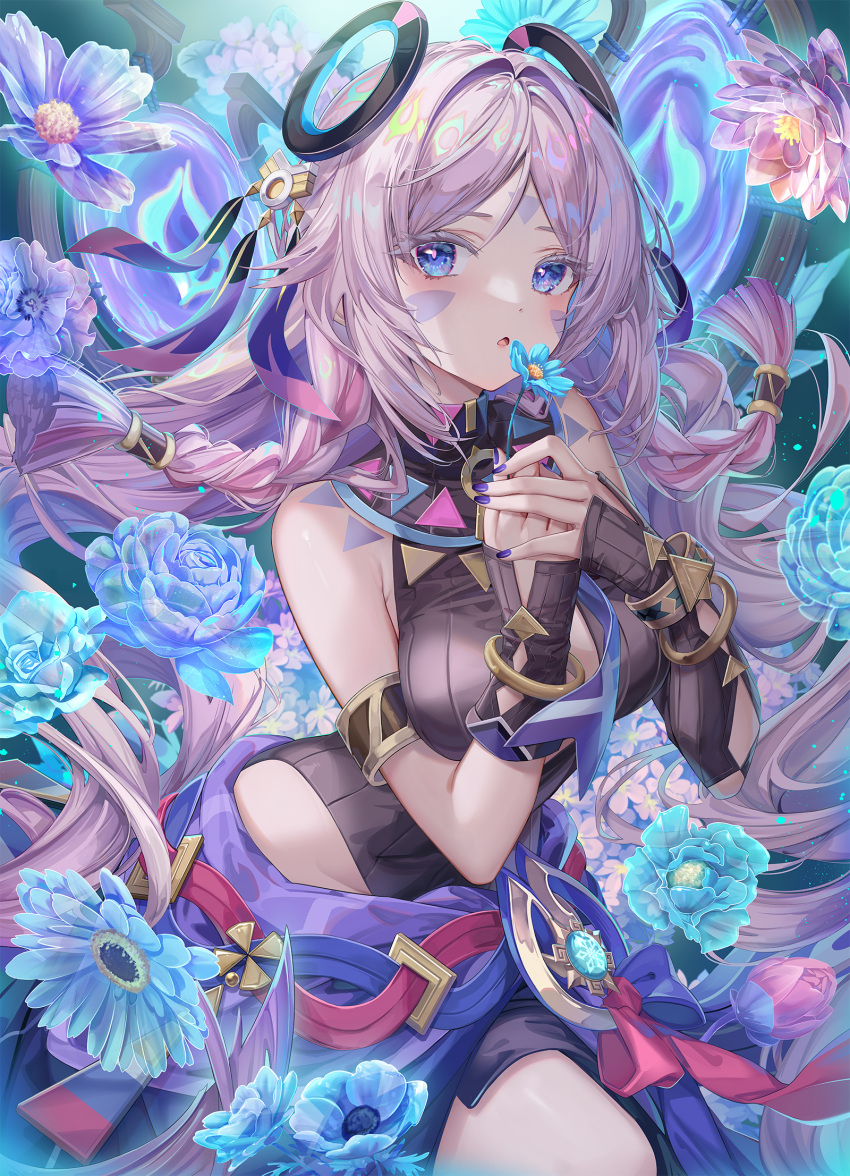 1girl, armlet, bare_shoulders, black_leotard, blue_eyes, blue_skirt, bracelet, braid