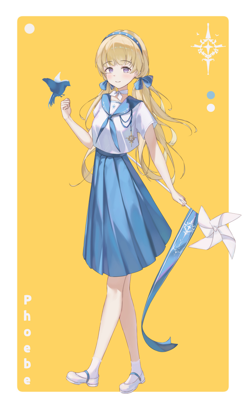 1girl, absurdres, bird, blonde_hair, blue_bird, blue_ribbon, blue_sailor_collar, blue_skirt