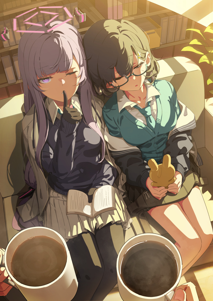 2girls, :o, black_gloves, black_pantyhose, black_skirt, blue-framed_eyewear, blue_archive, blue_cardigan
