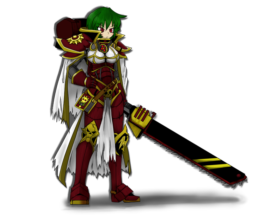 alternate_costume, armor, bloodycat, book, chainsword, crossover, green_hair, hand_on_hip