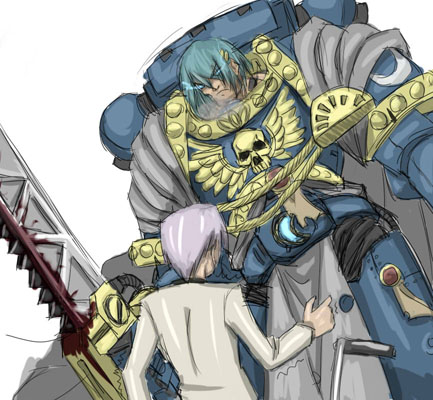 armor, chainsword, crossover, kamijou_kyousuke, lowres, mahou_shoujo_madoka_magica, miki_sayaka, skull