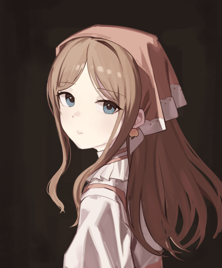 1girl, absurdres, bang_dream!, bang_dream!_it's_mygo!!!!!, blue_eyes, brown_background, brown_hair, brown_headscarf