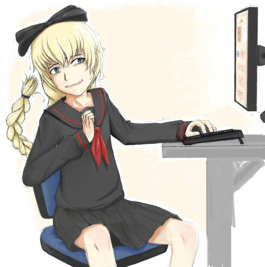 4chan, blonde_hair, blue_eyes, bow, braid, computer, drawfag, hair_bow