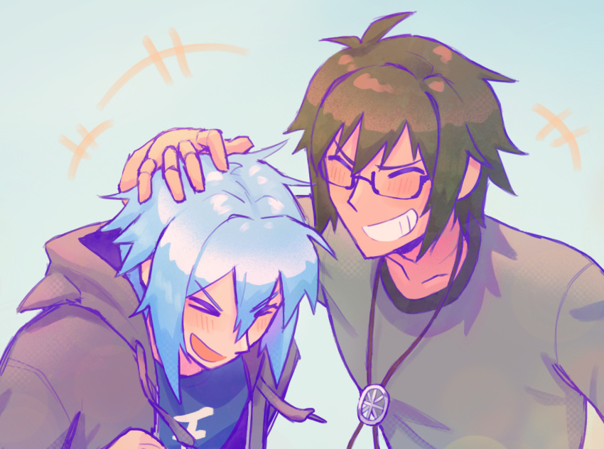 2boys, blue_background, blue_hair, blue_shirt, blush, bolo_tie, brown_hair, closed_eyes