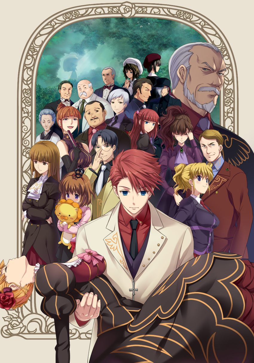 6+boys, 6+girls, amakusa_juuza, beatrice, beret, black_hair, blonde_hair, blue_eyes