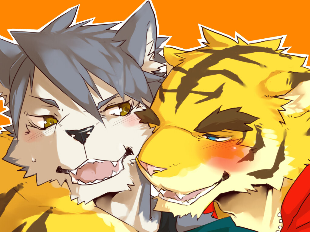 2boys, animal_ears, arm_around_shoulder, blue_eyes, blush, cat_nose, dog_boy, dog_ears