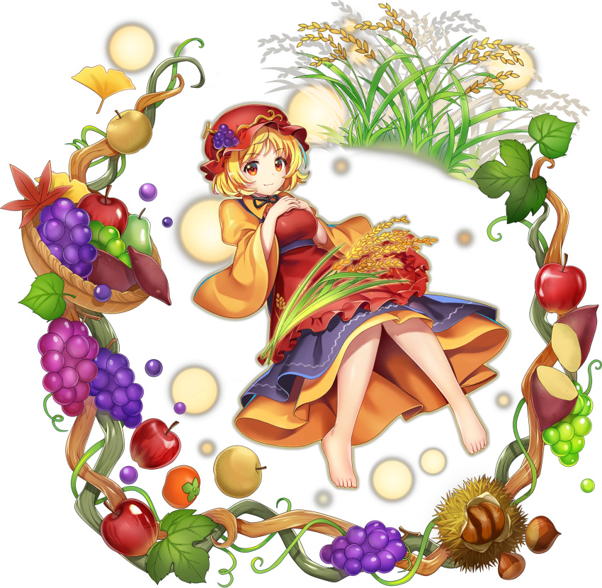 1girl, :3, aki_minoriko, apple, apron, autumn_leaves, bare_legs, barefoot