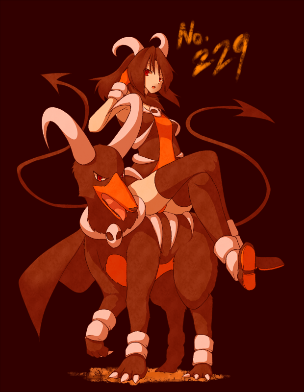 1girl, brown_hair, creepy, crossed_legs, demon_tail, gloves, hair_tussle, horns