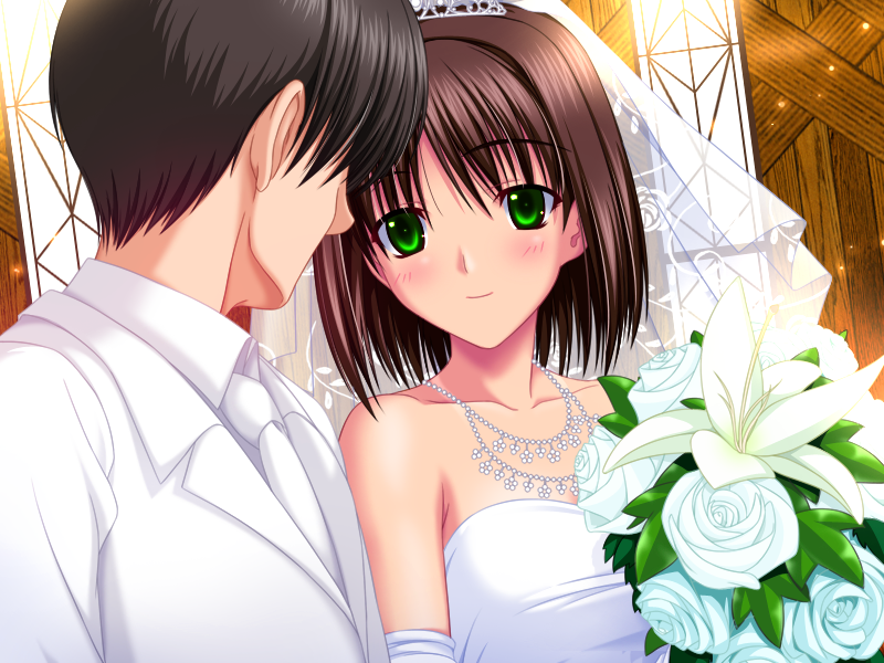 1:02am, 1boy, 1girl, ane_death., bouquet, bowl_cut, breasts, bridal_veil, brown_hair, dress, game_cg, green_eyes, hetero, large_breasts, necktie, sakura_momoka, smile, suit, veil, wedding, wedding_dress, white_dress, white_suit