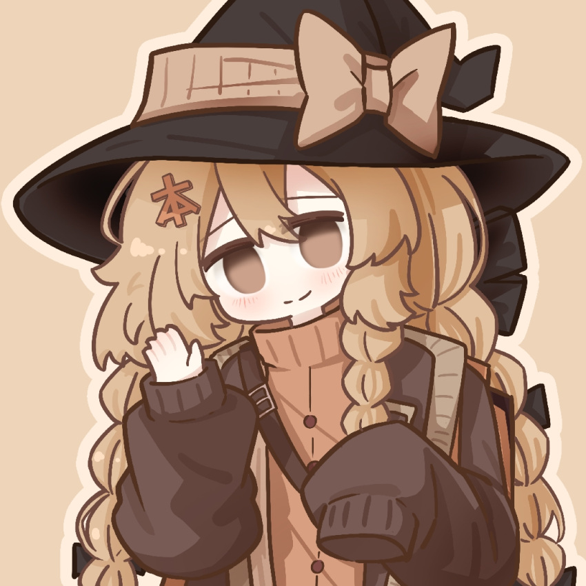 1girl, backpack, bag, benzi_mofashi, black_bow, black_hat, black_ribbon, blonde_hair