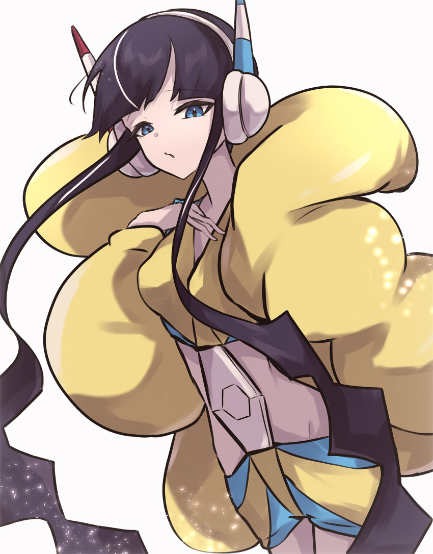 1girl, black_hair, blue_eyes, blunt_bangs, breasts, coat, elesa_(pokemon), headphones