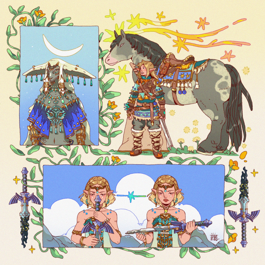 2girls, albabg, animal, archaic_set_(zelda), blonde_hair, boots, day, furry