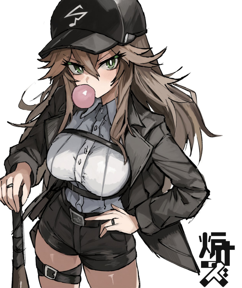 1girl, alternate_costume, baseball_bat, baseball_cap, belt, black_hat, black_jacket, black_shorts