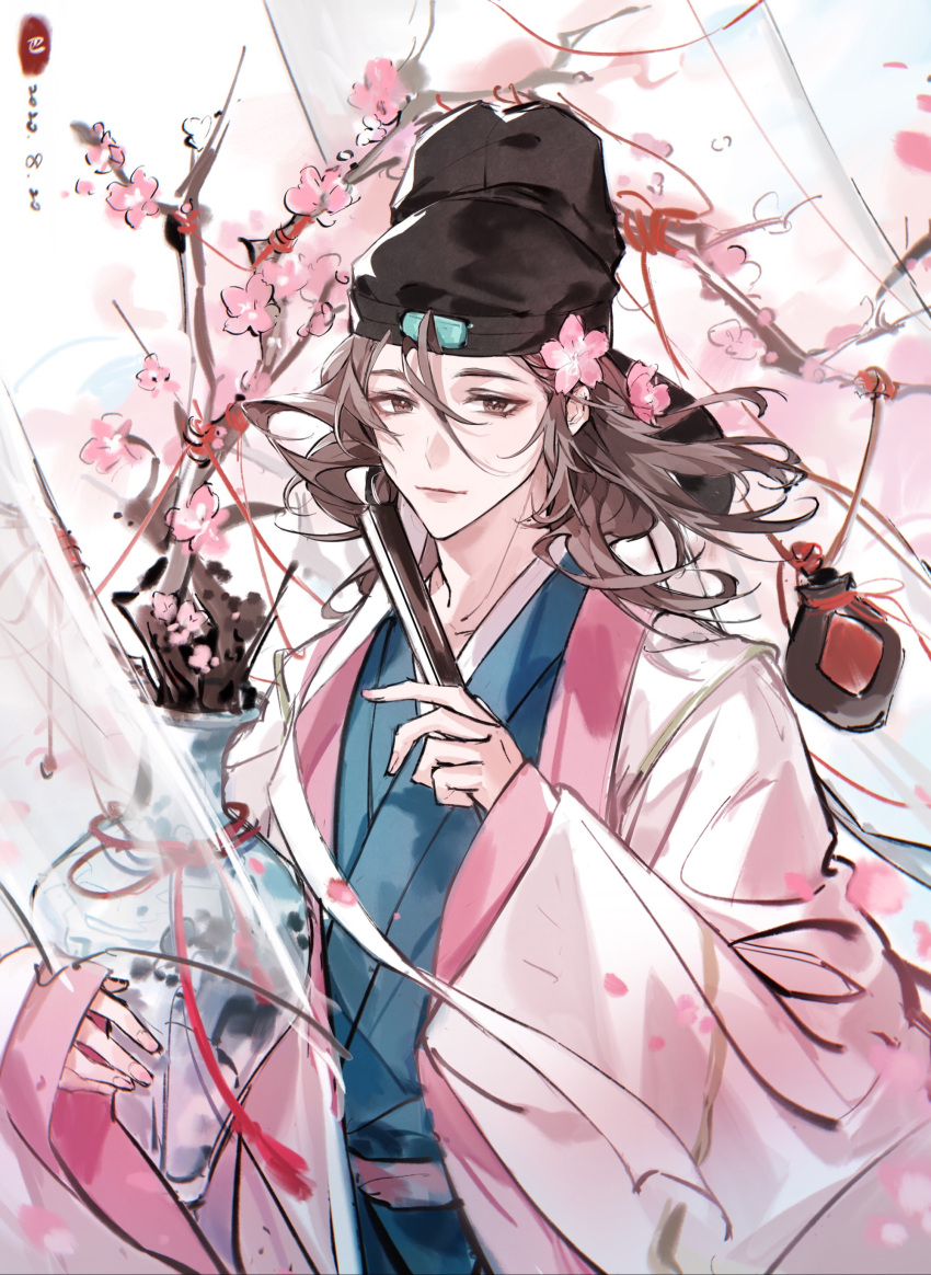 1boy, absurdres, bishounen, black_hat, blue_robe, branch, brown_eyes, brown_hair