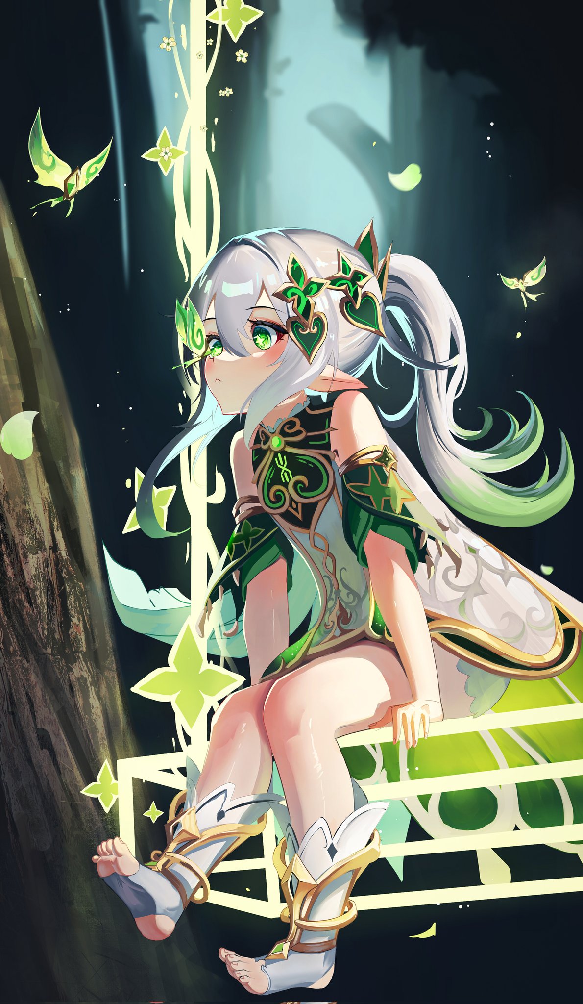 1girl, bare_shoulders, bloomers, blurry, blurry_background, blush, bug, butterfly