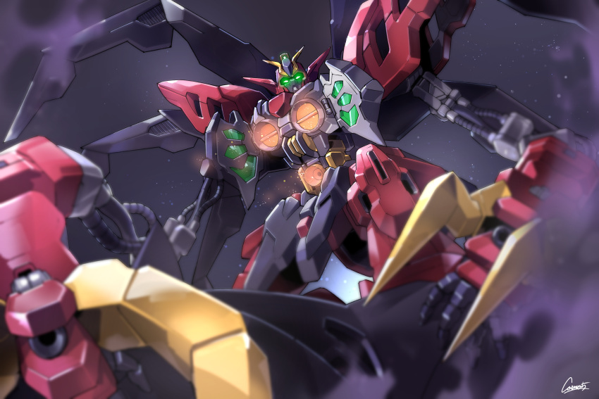 absurdres, after_war_gundam_x, artist_name, blurry, blurry_foreground, claw_(weapon), commentary, cosmo-5
