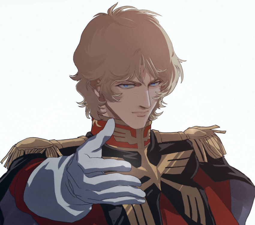 1boy, black_cape, blonde_hair, blue_eyes, cape, char_aznable, closed_mouth, commentary_request