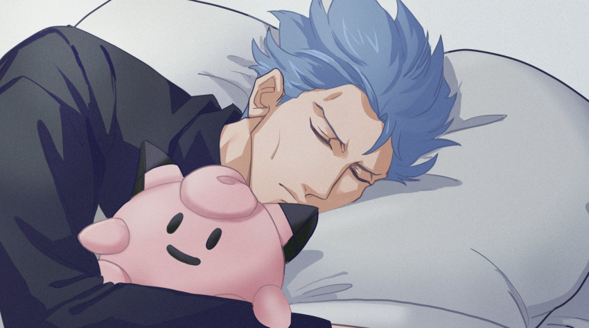 1boy, black_shirt, blue_hair, clefairy, closed_eyes, closed_mouth, commentary_request, cyrus_(pokemon)