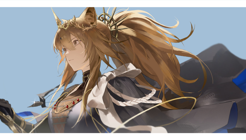 1girl, absurdres, animal_ears, arknights, black_cape, blonde_hair, blue_background, border, cape, cape_lift, closed_mouth, commentary_request, crown, fake_horns, from_below, hair_between_eyes, highres, horned_headwear, horned_tiara, horns, jinsei_tsuraiman, lion_ears, lion_girl, long_hair, ponytail, sidelocks, siege_(arknights), solo, spiked_hair_ornament, tiara, vina_victoria_(arknights), white_border, yellow_eyes