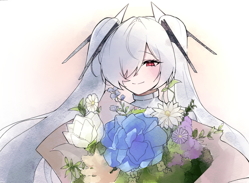 1girl, absurdres, bouquet, cinderella_(nikke), flower, goddess_of_victory:_nikke, grey_hair, hair_over_one_eye, highres, holding, holding_bouquet, horns, leamun, long_hair, mechanical_horns, red_eyes, smile, solo, twintails, upper_body