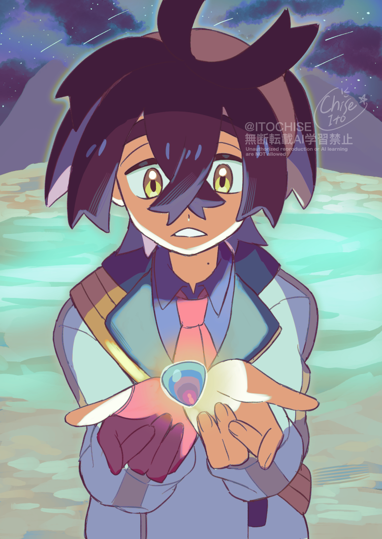 1boy, black_hair, blue_shirt, collared_shirt, commentary_request, crossed_bangs, gloves, hair_between_eyes