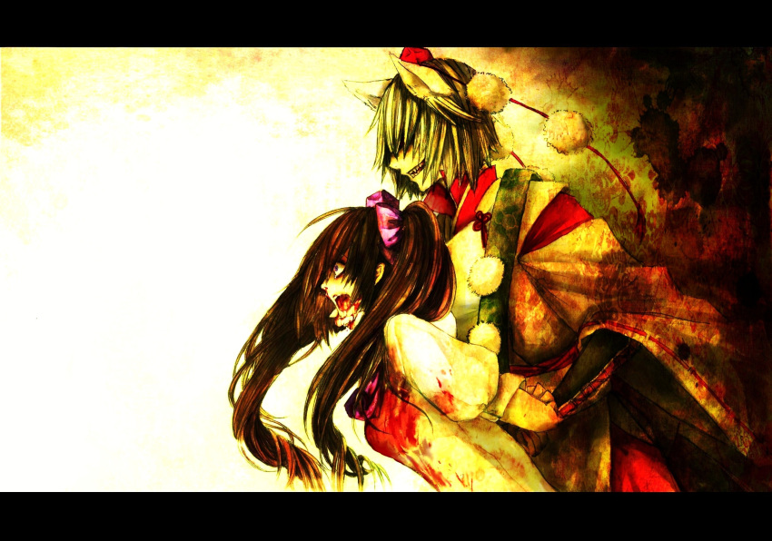 2girls, animal_ears, blood, evil_grin, hat, highres, himekaidou_hatate, inubashiri_momiji