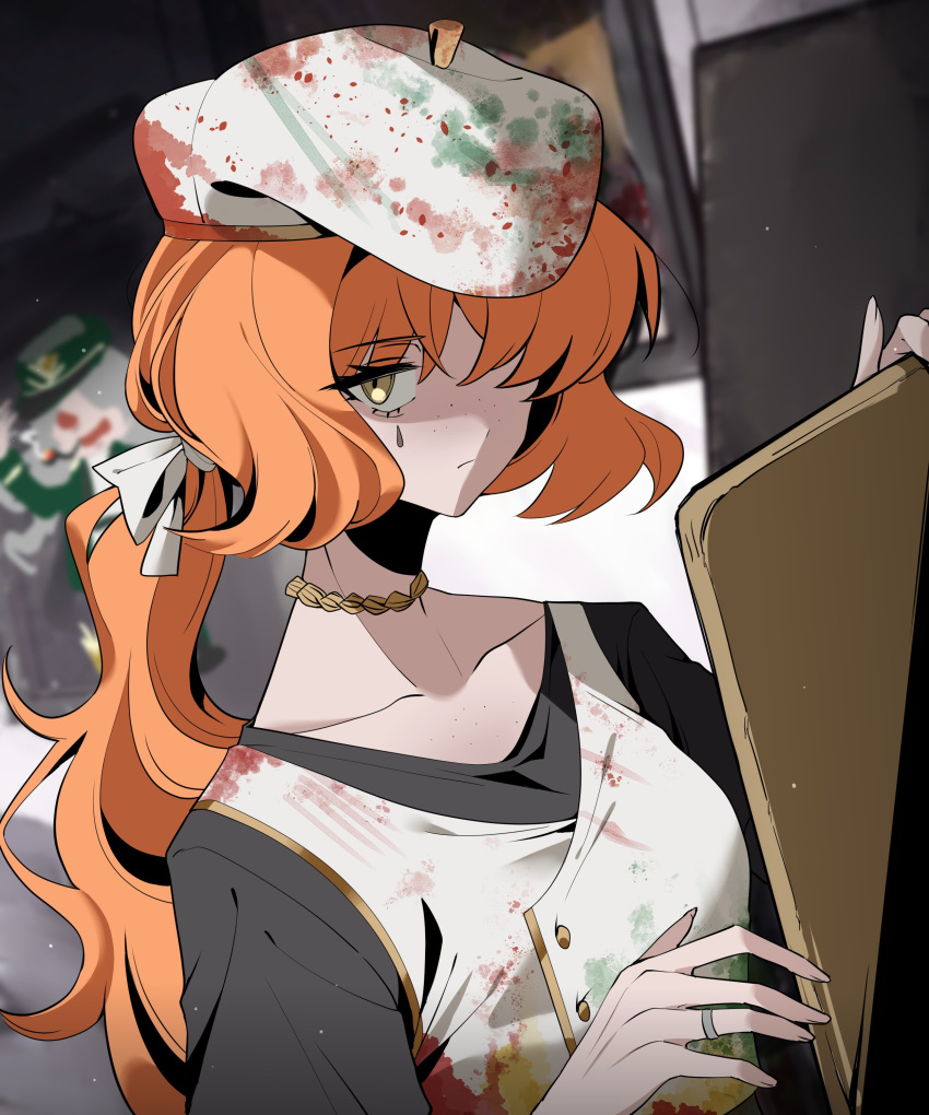 1girl, absurdres, ahab_(project_moon), artist_painter, beret, black_shirt, doodle_inset, hat