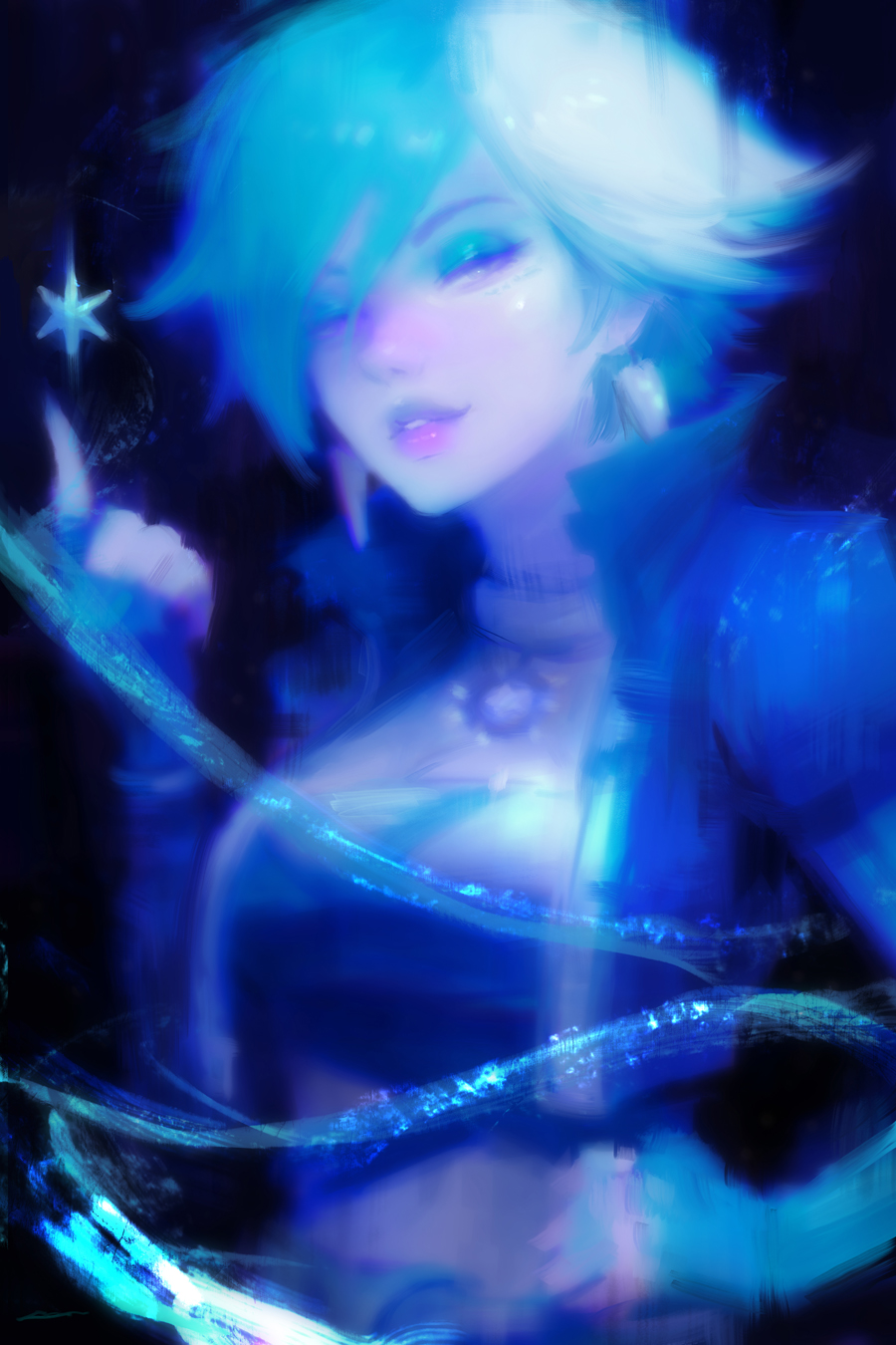 1girl, alex_chow, blue_eyeshadow, blue_hair, crop_top, cropped_jacket, cryokinesis, earrings