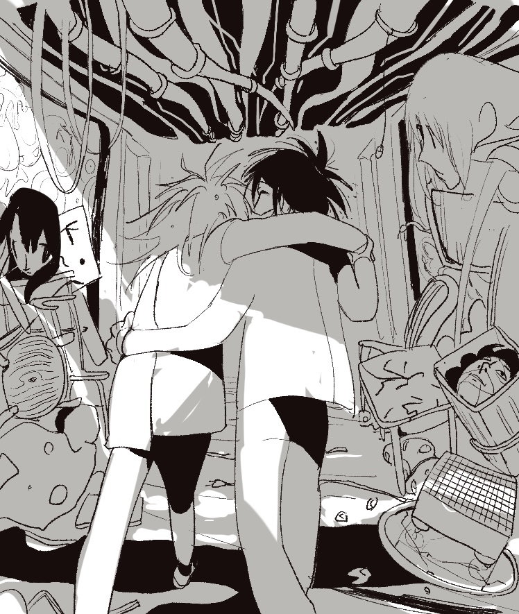 2boys, arm_around_shoulder, closed_eyes, commentary_request, facing_another, from_behind, gakuran, greyscale