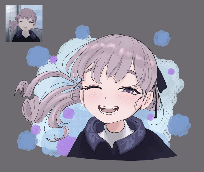 1girl, absurdres, black_ribbon, blush, brown_hair, chirisazu, english_commentary, grey_background, hair_ribbon, highres, lapwing_(vrchat), laughing, long_hair, looking_at_viewer, one_eye_closed, open_mouth, ribbon, smile, solo, teeth, violet_eyes, vrchat