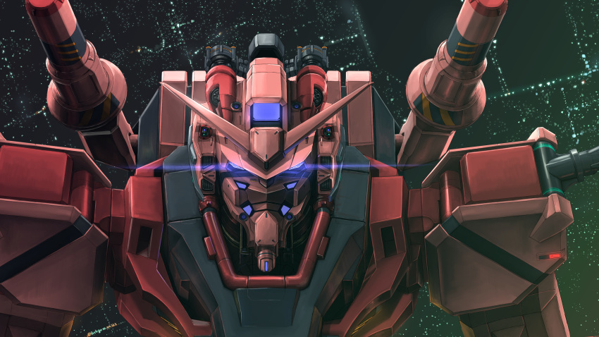 absurdres, armor, bichiguso_un563, colony_interior, glowing, glowing_eyes, gundam, gundam_gquuuuuux, highres, lens_flare, looking_at_viewer, mecha, mecha_focus, mobile_suit, portrait, red_armor, red_gundam, robot, science_fiction, sword, sword_on_back, v-fin, violet_eyes, weapon, weapon_on_back