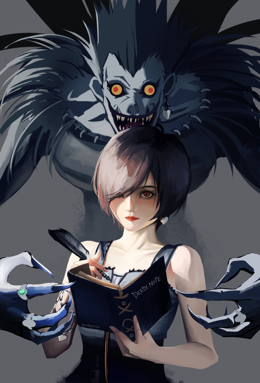 1boy, 1girl, bare_shoulders, black_dress, black_hair, black_shirt, bracelet, brown_hair
