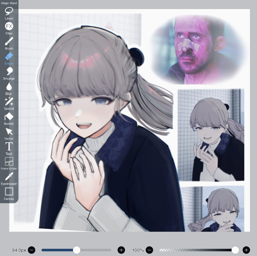 1boy, 1girl, bandage_on_nose, black_capelet, blade_runner, blade_runner_2049, blue_eyes, blunt_bangs