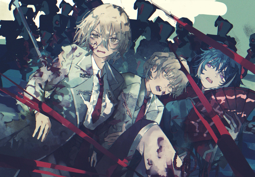 1boy, 2girls, black_hair, black_jacket, blonde_hair, collared_shirt, don_quixote_(project_moon), folding_fan