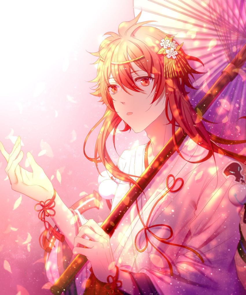 1boy, bracelet, character_request, commentary, confeitoo, copyright_request, flower, flower_knot