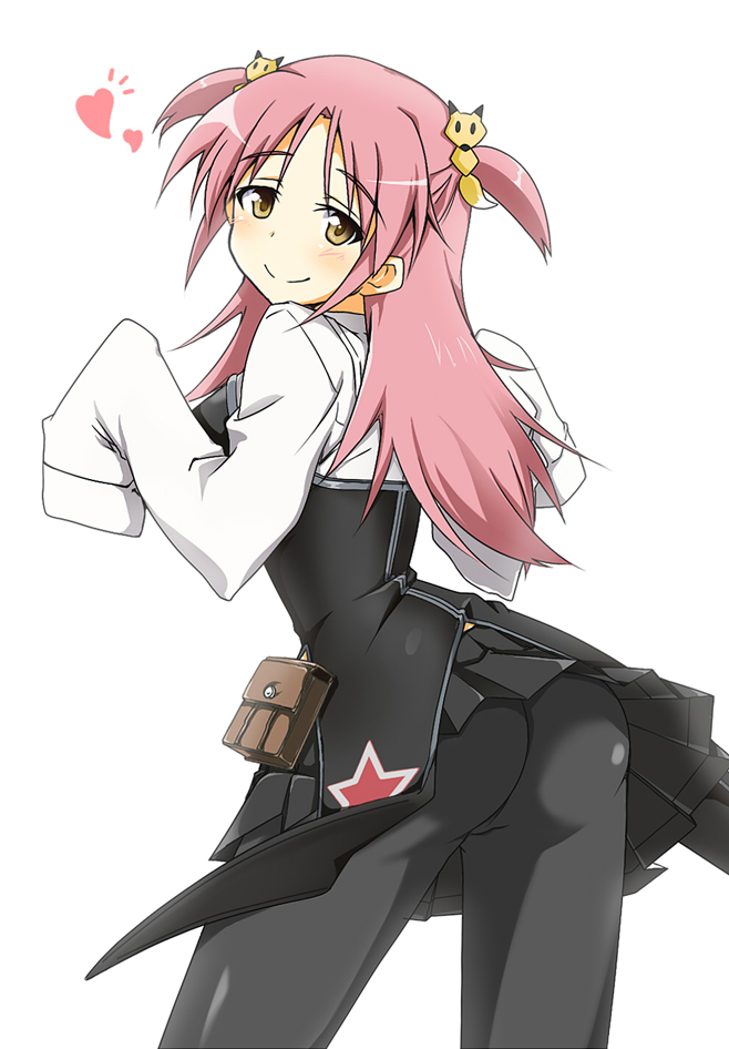 ass, black_legwear, black_pantyhose, blush, cosplay, hair_ornament, hairclip, heart, infinite_stratos, itamochi, kadowaki_mai, long_hair, looking_back, miniskirt, nohotoke_honne, pantyhose, pink_hair, sanya_v_litvyak, sanya_v_litvyak_(cosplay), seiyuu_connection, seiyuu_joke, short_twintails, simple_background, skirt, sleeves_past_wrists, smile, solo, star, strike_witches, twintails, yellow_eyes