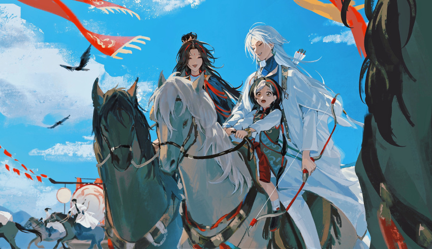 11618081, 3girls, absurdres, ahoge, arrow_(projectile), banner, bird, black_bird, black_hair, black_horse, black_shoes, blue_sky, bow_(weapon), brown_eyes, chinese_clothes, chinese_commentary, closed_eyes, clouds, coat, commentary_request, drum, du_ruo_(path_to_nowhere), earrings, eyeliner, facial_mark, forehead_jewel, forehead_mark, highres, holding, holding_bow_(weapon), holding_reins, holding_weapon, horseback_riding, instrument, jewelry, long_hair, makeup, mandarin_collar, mismatched_earrings, multicolored_hair, multiple_girls, open_clothes, open_coat, parted_bangs, path_to_nowhere, people, red_eyeliner, reins, riding, saddle, shoes, sky, streaked_hair, weapon, white_coat, white_hair, white_horse, yanyan_(path_to_nowhere), yao_(path_to_nowhere)