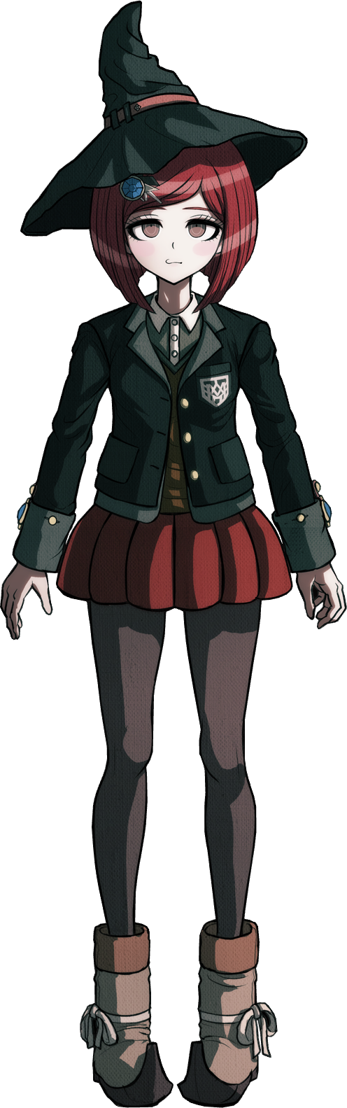 1girl, arms_at_sides, black_hat, black_jacket, blazer, blue_gemstone, blush, bob_cut